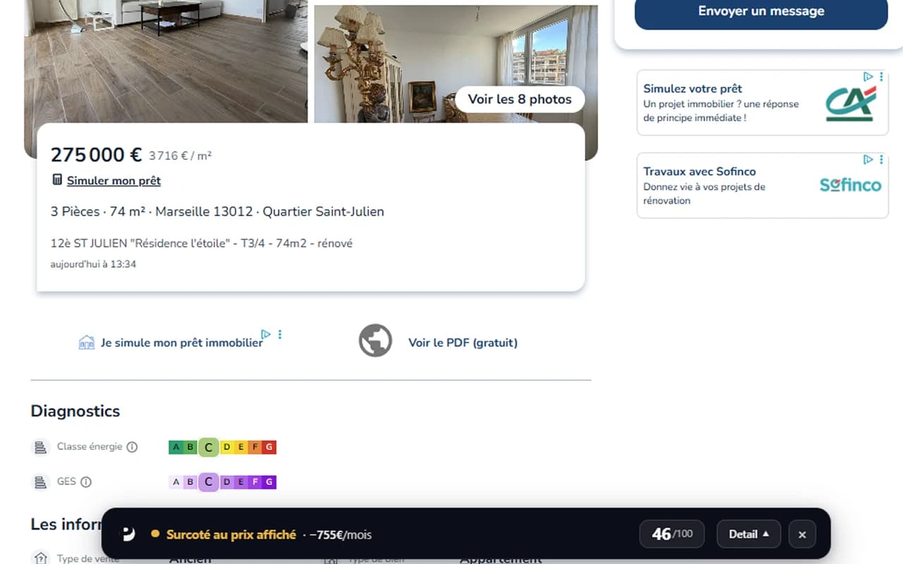La barre Pondelo repliée en bas d'une annonce leboncoin : verdict « Surcoté au prix affiché », −755 €/mois et score 46/100.